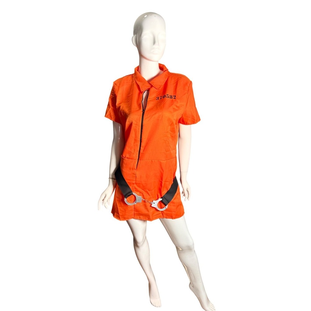 Hauntlook sexy inmate dress handcuff belt orange jail suit Halloween costume XL